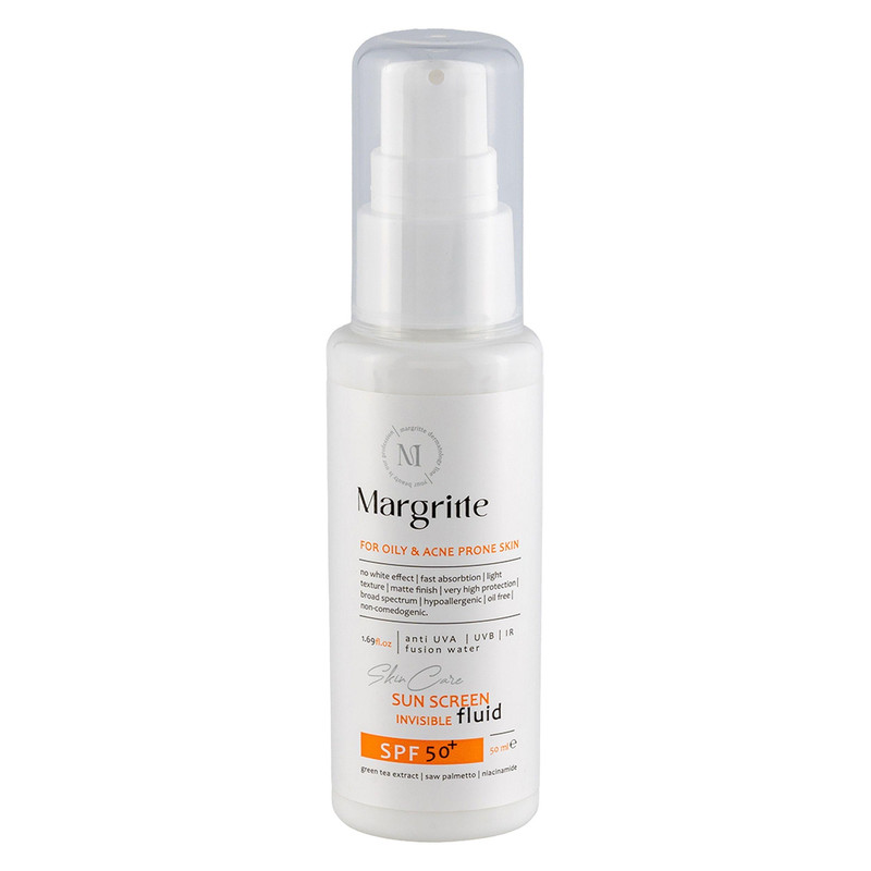 فلوئید ضد آفتاب بدون رنگ مارگریت SPF 50 مدل OAC محافظ UVB , UVA ضد لک و روشن کننده، مناسب برای پوست های چرب و آکنه ای حجم 50 میلی لیتر