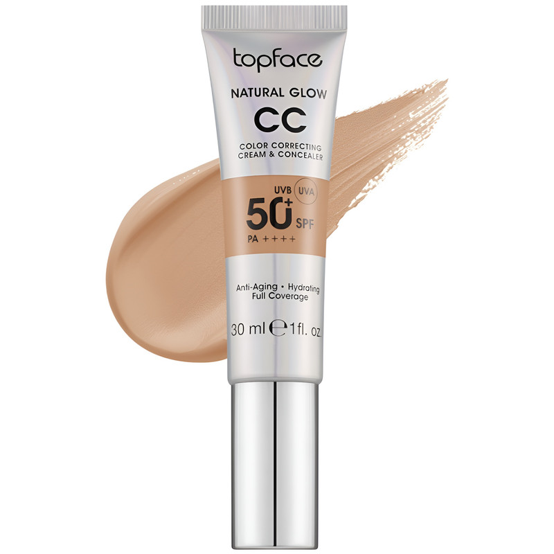 کرم پودر CC مایع +SPF50 تاپ فیس مدل NATURAL GLOW شماره 004 مناسب برای انواع پوست حجم 30 میلی لیتر