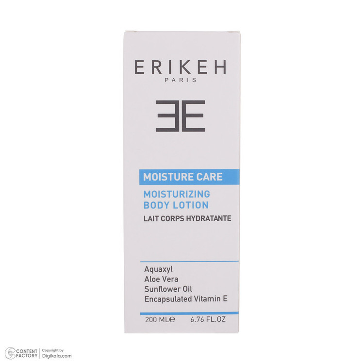 لوسیون مرطوب کننده بدن اریکه مدل Moisturizing Care حجم 200 میلیلیتر، حاوی عصاره آلوئهورا و ویتامین E، جذب سریع، آبرسانی قوی، مناسب انواع پوست