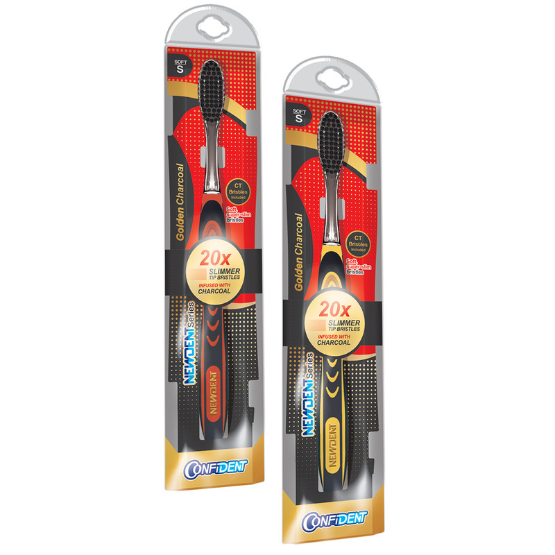 مسواک کانفیدنت مدل Golden Charcoal با برس نرم مجموعه 2 عددی