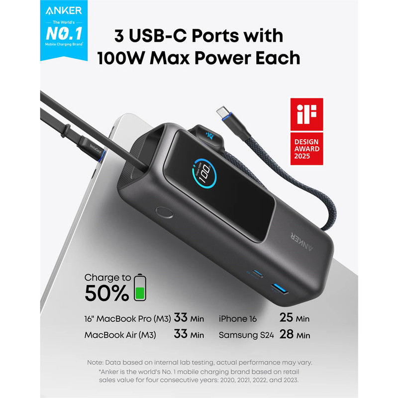 پاوربانک 100 وات انکر مدل A1695 ظرفیت 25000 میلی آمپر ساعت به همراه دو کابل USB-C
