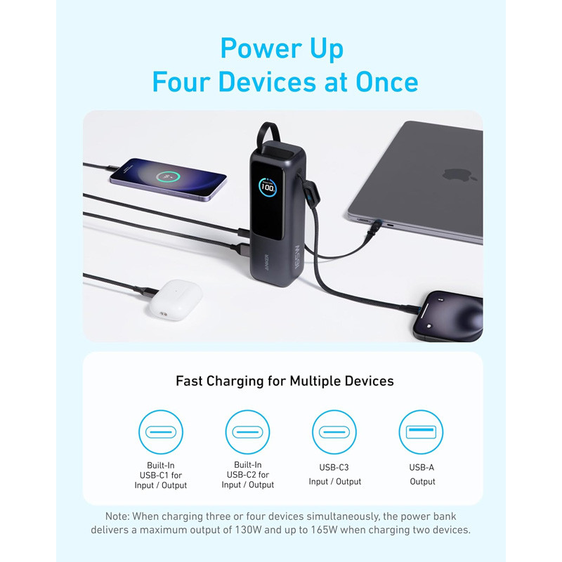 پاوربانک 100 وات انکر مدل A1695 ظرفیت 25000 میلی آمپر ساعت به همراه دو کابل USB-C