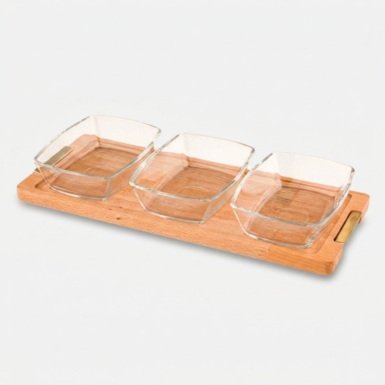 اردوخوری لیمون مدل مستطیل با پایه چوبی و بدنه شیشهای، مجموعه 3 عددی، کد FIDOKA-2245، ابعاد 29×12×4 سانتیمتر، مناسب شستشو با دست و ماشین ظرفشویی