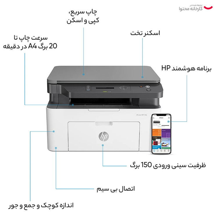 پرینتر اچ پی تک رنگ سه کاره با چاپ لیزری مدل Laser MFP 135w، سایز چاپ A4، قابلیت اتصال به شبکه بیسیم، سازگار با سیستم عامل ویندوز 7 و یا بالاتر