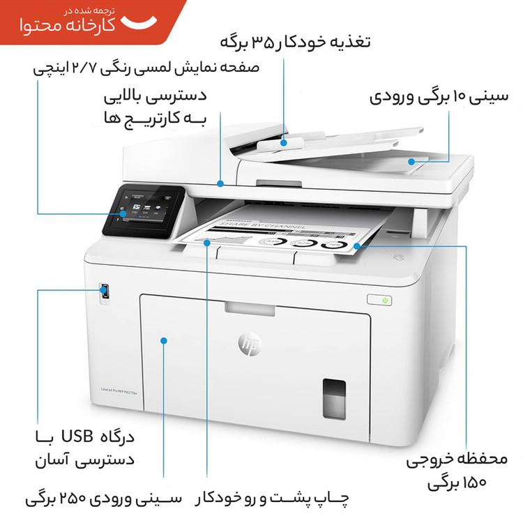 پرینتر اچ پی تک رنگ چهار کاره با چاپ لیزری مدل LaserJet Pro MFP M227fdw، سایز چاپ A4، امکان چاپ دو رو، قابلیت اتصال به WiFi