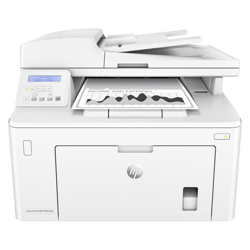 پرینتر اچ پی تک رنگ سه کاره با چاپ لیزری مدل LaserJet Pro MFP M227sdn، سایز چاپ A4، مجهز به تغذیه خودکار ADF، دارای اتصال شبکه، قابلیت چاپ دو رو
