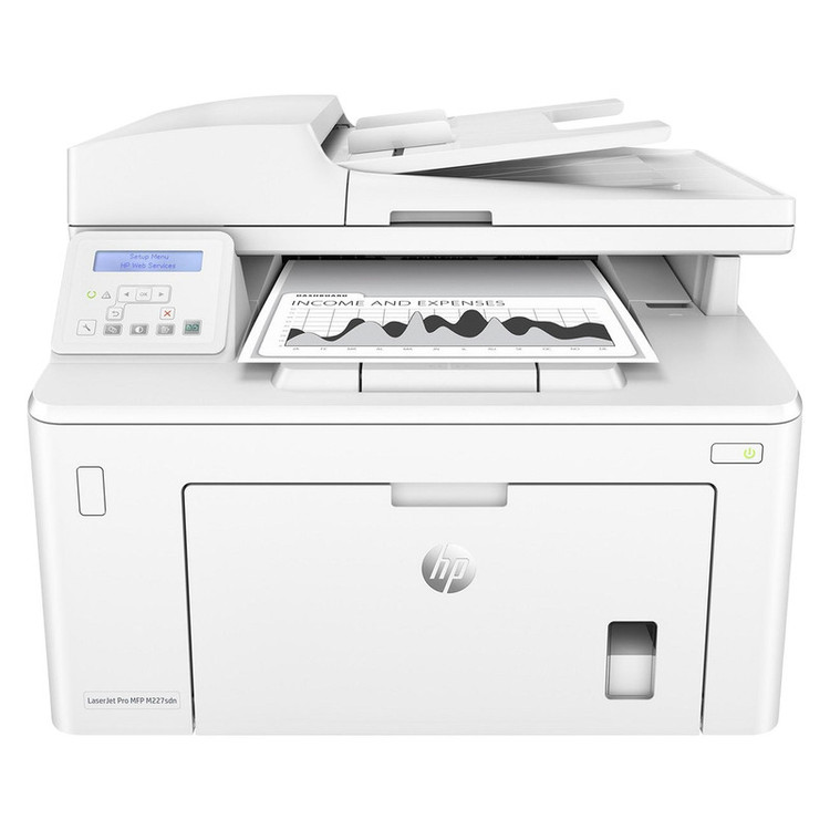پرینتر اچ پی تک رنگ سه کاره با چاپ لیزری مدل LaserJet Pro MFP M227sdn، سایز چاپ A4، مجهز به تغذیه خودکار ADF، دارای اتصال شبکه، قابلیت چاپ دو رو