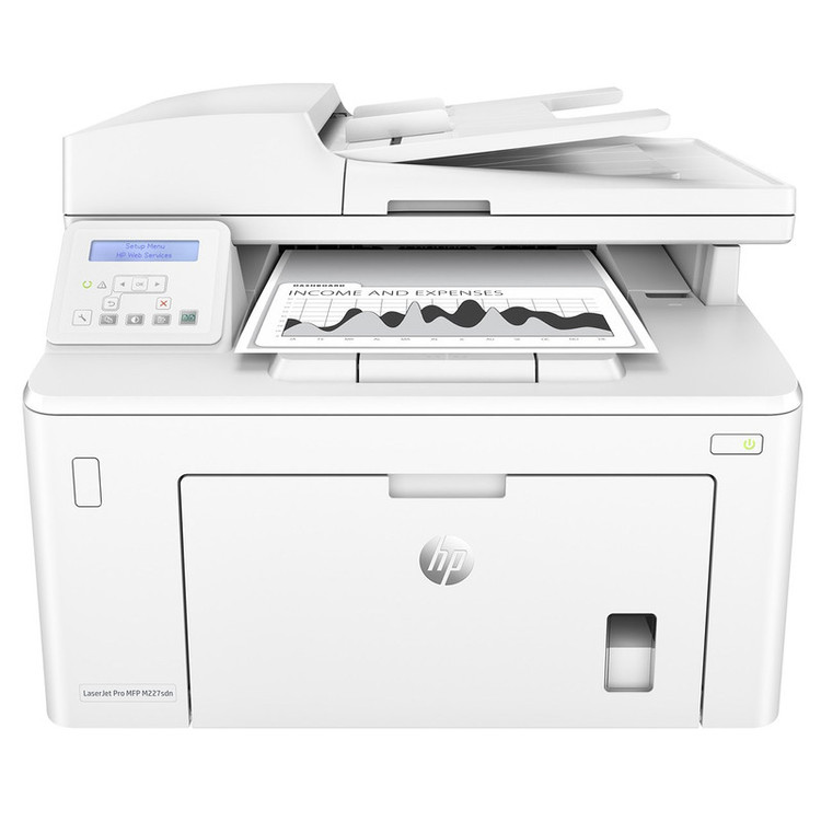 پرینتر اچ پی تک رنگ سه کاره با چاپ لیزری مدل LaserJet Pro MFP M227sdn، سایز چاپ A4، مجهز به تغذیه خودکار ADF، دارای اتصال شبکه، قابلیت چاپ دو رو