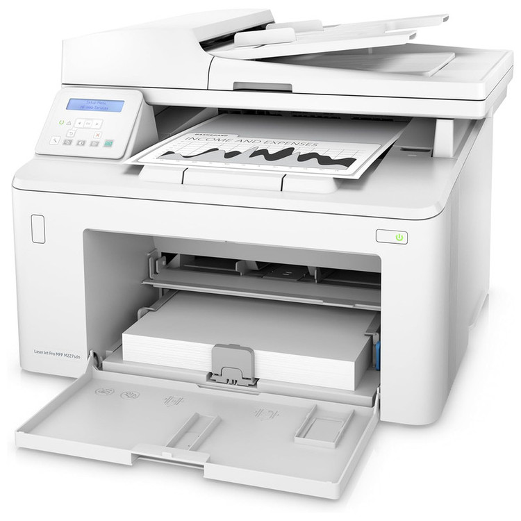 پرینتر اچ پی تک رنگ سه کاره با چاپ لیزری مدل LaserJet Pro MFP M227sdn، سایز چاپ A4، مجهز به تغذیه خودکار ADF، دارای اتصال شبکه، قابلیت چاپ دو رو