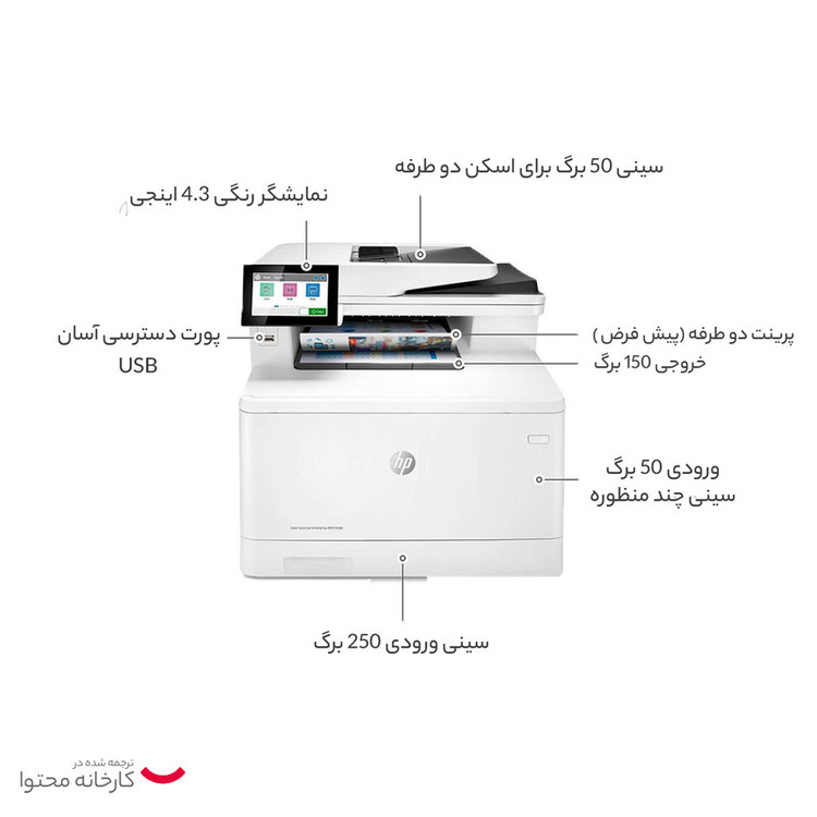 پرینتر اچپی رنگی چهار کاره با چاپ لیزری مدل Color LaserJet Enterprise MFP M480f، سایز چاپ A4، قابلیت چاپ دو روی خودکار، دارای صفحه نمایش LCD