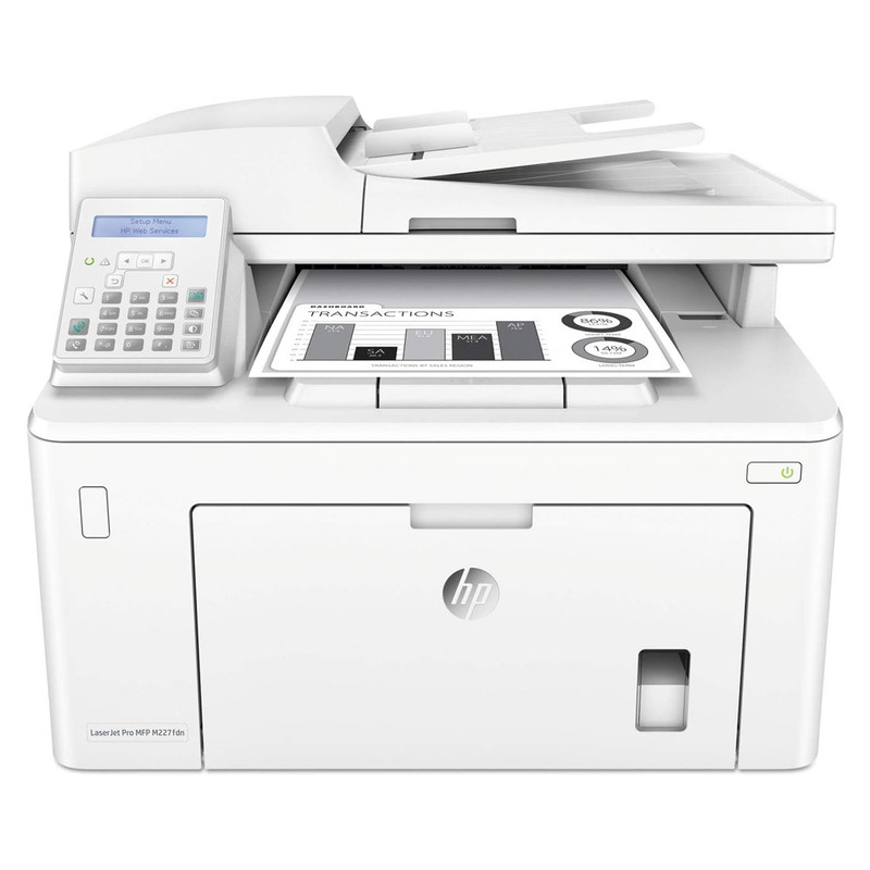 پرینتر اچ پی تک رنگ چهار کاره‌ با چاپ لیزری مدل LaserJet Pro MFP M227fdn، سایز چاپ A4، مجهز به تغذیه خودکار ADF، قابلیت‌ اتصال به WiFi