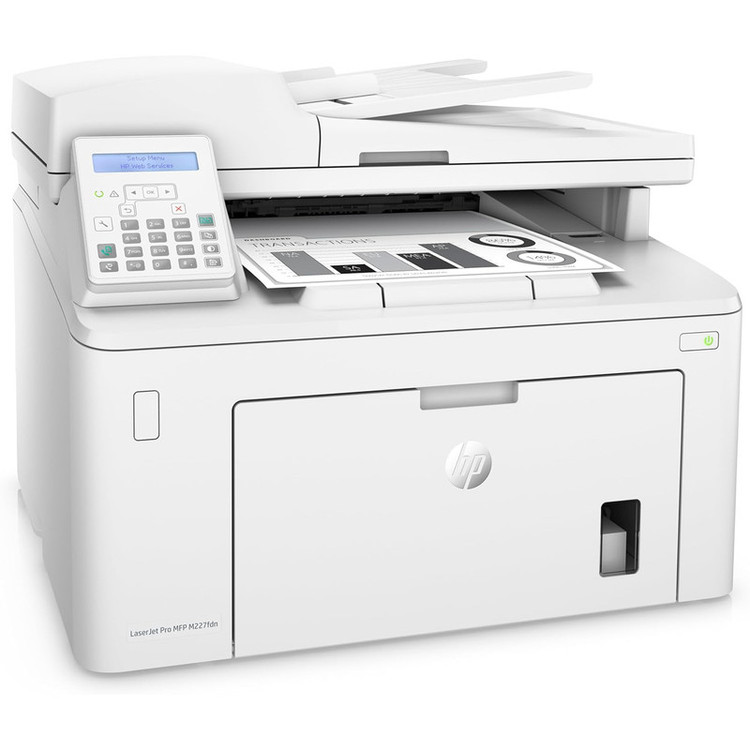 پرینتر اچ پی تک رنگ چهار کاره با چاپ لیزری مدل LaserJet Pro MFP M227fdn، سایز چاپ A4، مجهز به تغذیه خودکار ADF، قابلیت اتصال به WiFi