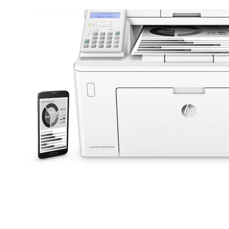 پرینتر اچ پی تک رنگ چهار کاره با چاپ لیزری مدل LaserJet Pro MFP M227fdn، سایز چاپ A4، مجهز به تغذیه خودکار ADF، قابلیت اتصال به WiFi
