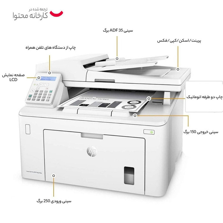 پرینتر اچ پی تک رنگ چهار کاره با چاپ لیزری مدل LaserJet Pro MFP M227fdn، سایز چاپ A4، مجهز به تغذیه خودکار ADF، قابلیت اتصال به WiFi