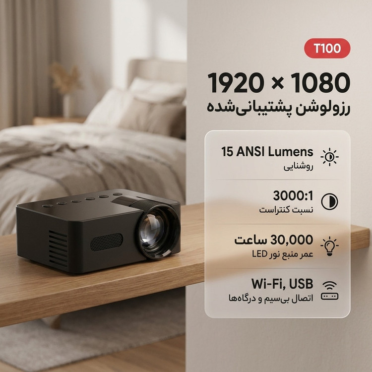 مینی ویدئو پروژکتور مدل T100 با وضوح تصویر 320x180