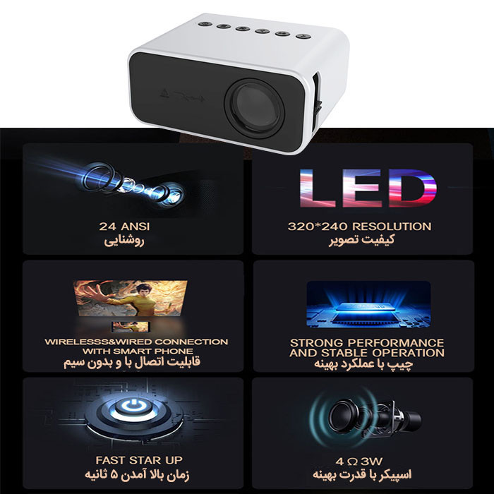 مینی ویدئو پروژکتور مدل T500 با کیفیت تصویر 320*240