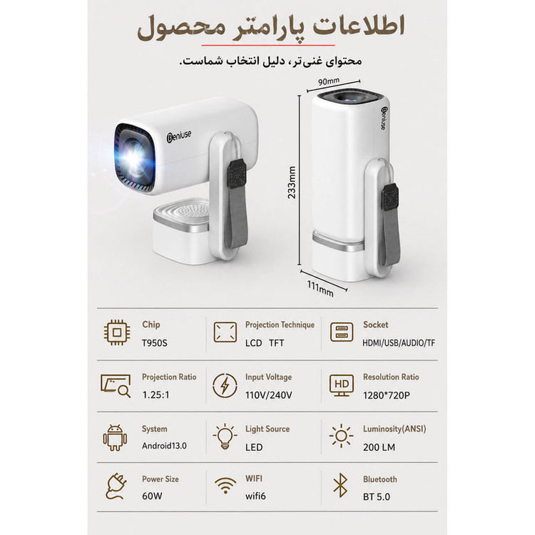 ویدئو پروژکتور بنیوس مدل BE-VP19 با رزولوشن 1280x720|HD