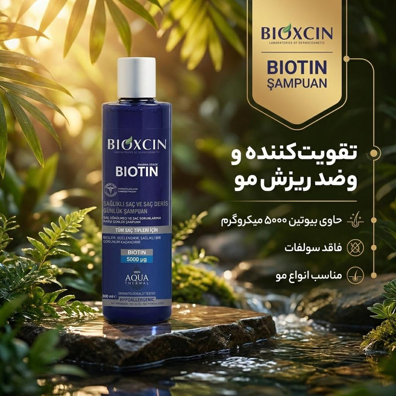 شامپو تقویتکننده و ضد ریزش مو بیوکسین مدل بیوتین حجم 300 میلیلیتر، فاقد سولفات، مناسب انواع مو، بازسازیکننده و تغذیهکننده