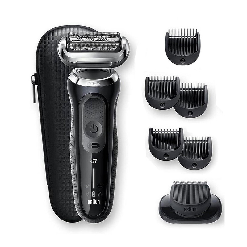 ماشین اصلاح موی صورت براون مدل 7075cc با تیغههای منعطف 360FLEX SYSTEM، تکنولوژی اسکن هوشمند مو، ضدآب، شارژ سریع 5 دقیقهای، استیشن SmartCare چهار کاره، سری خط زن مجزا و شانههای 1 تا 7 میلیمتر