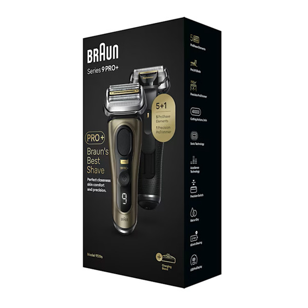 ماشین اصلاح موی صورت شارژی براون مدل 9519s با تیغه تیتانیوم پیشرفته، ضدآب، استفاده خشک و مرطوب، اصلاح صفر زن، نمایشگر شارژ، تیغههای خودتیزشونده و ضدالتهاب، شارژ سریع، خط زن حرفهای، به همراه کیف و پایه شارژ