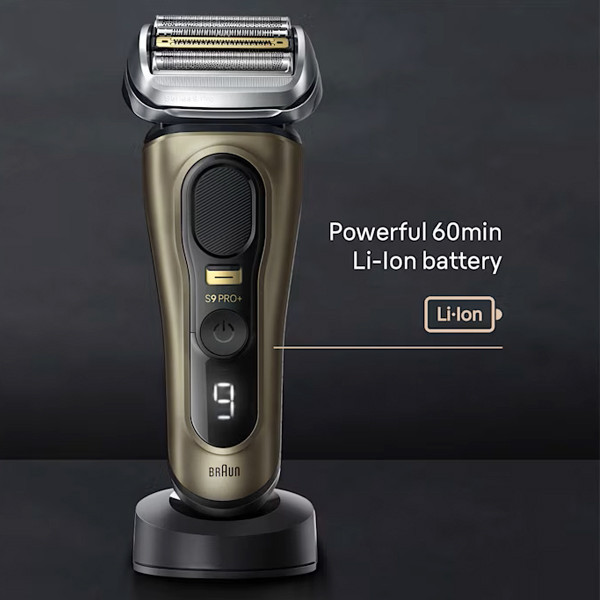 ماشین اصلاح موی صورت شارژی براون مدل 9519s با تیغه تیتانیوم پیشرفته، ضدآب، استفاده خشک و مرطوب، اصلاح صفر زن، نمایشگر شارژ، تیغههای خودتیزشونده و ضدالتهاب، شارژ سریع، خط زن حرفهای، به همراه کیف و پایه شارژ