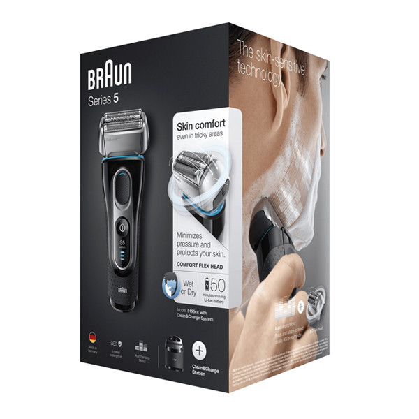 ماشین اصلاح موی صورت شارژی براون مدل 5195CC با تیغه استیل ضدزنگ، اصلاح فویلی، ضدآب، مناسب استفاده خشک و مرطوب، باتری لیتیوم یون، شارژ سریع 5 دقیقهای، نمایشگر میزان شارژ، همراه با پایه شستوشو و کیف نگهداری