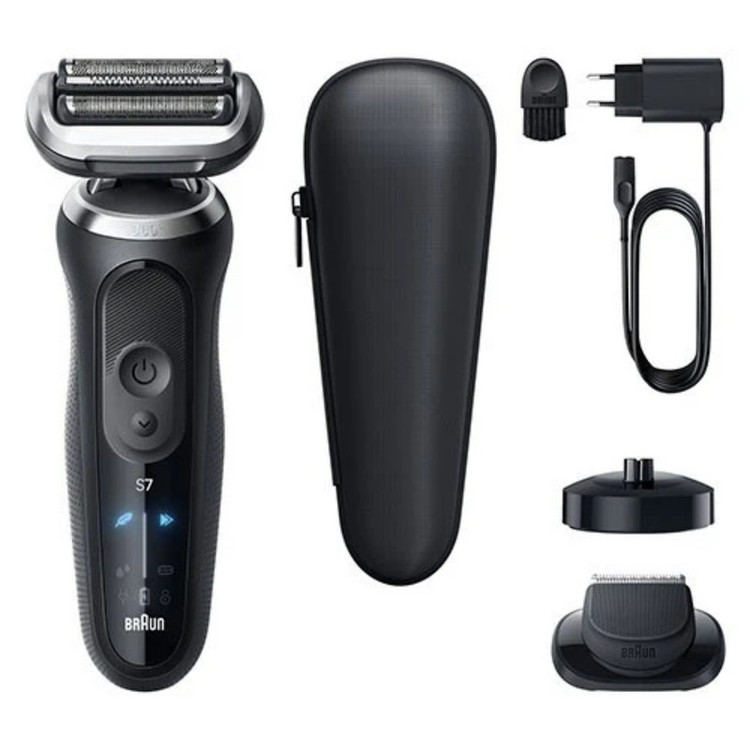 ماشین اصلاح موی صورت شارژی براون مدل series7 72-N4200cs با فناوری AutoSense، تیغههای استیل ضدزنگ، ضدآب، اصلاح صفر زن و خط زن، باتری لیتیوم یون با 60 دقیقه کارکرد، نمایشگر LED، استفاده خشک و مرطوب، همراه با برس تمیزکننده و کیف نگهداری