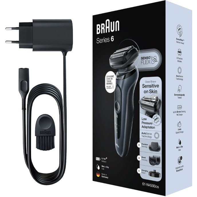 ماشین اصلاح مو صورت فویلی حجمزن براون مدل 61N4500CS، شارژی با باتری لیتیوم یون، شارژ سریع 5 دقیقهای، مقاوم در برابر آب و دارای 2 شانه قابل تنظیم دستی
