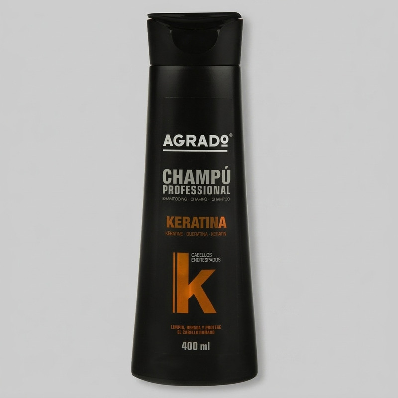 شامپو کراتینه آگرادو مدل KERATIN حجم 400 میلیلیتر، صافکننده، ترمیمکننده، نرمکننده، براقکننده، مناسب انواع موهای شکننده، فر، آسیبدیده و نازک، حاوی کراتین هیدرولیز شده و ویتامین E